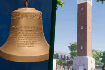 A photo of a large bell appears beside a rendering of a brick tower.