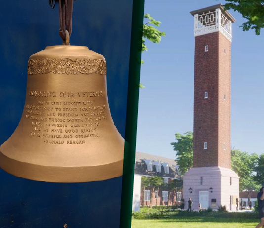 A photo of a large bell appears beside a rendering of a brick tower.
