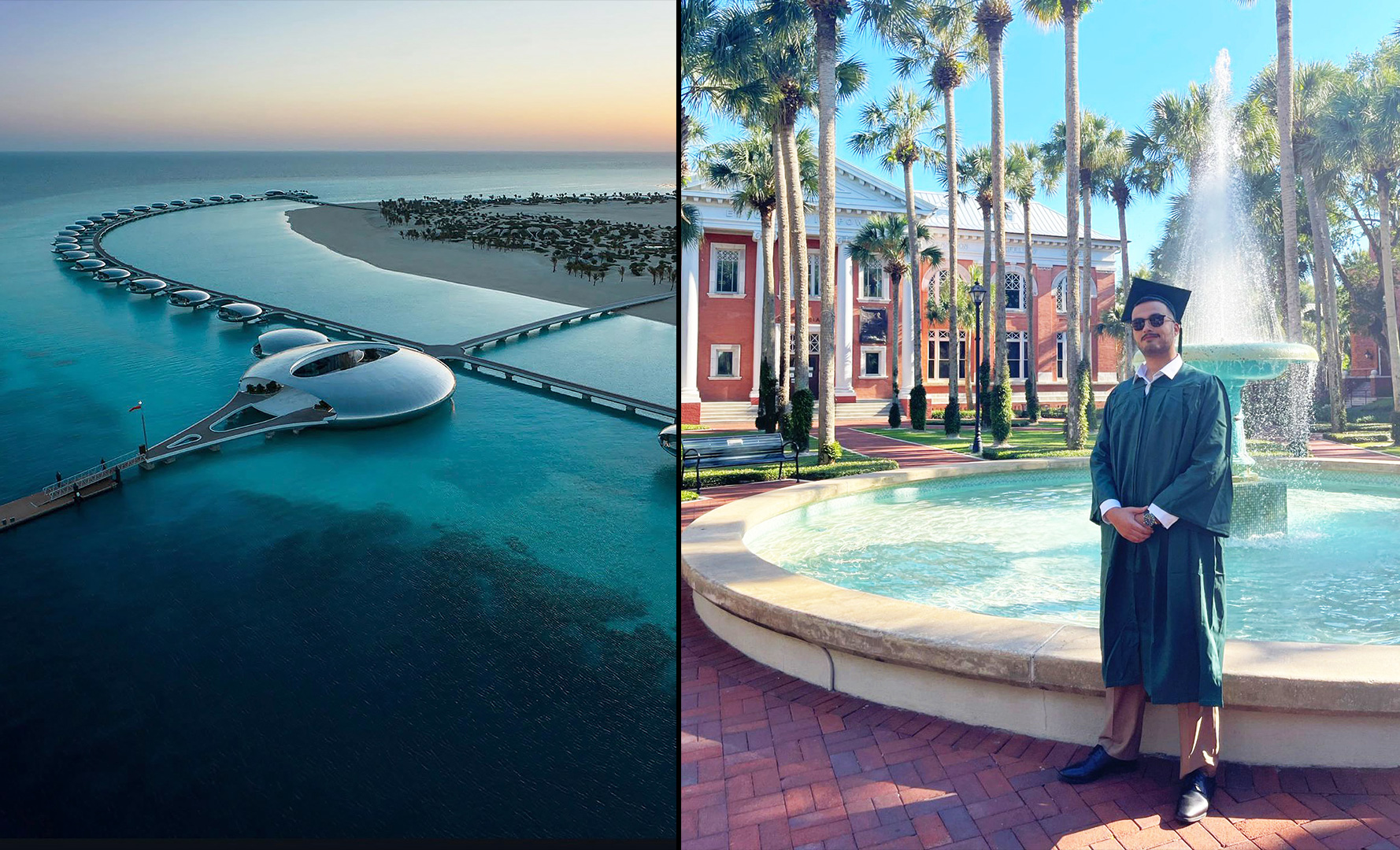 Two photos: an oceanfront resort and a man in graduation cap and gown beside a fountain