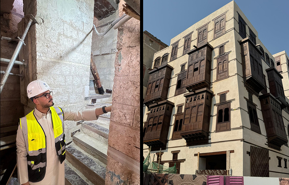 Two photos: A man in a construction hat looks at interior construction work; and an exterior of a building in Saudi Arabia