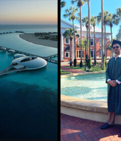 Two photos: A resort on the Red Sea and a college graduate beside a fountain.