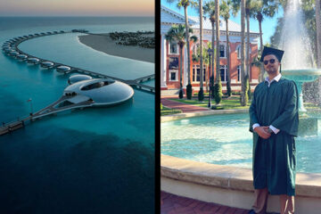 Two photos: A resort on the Red Sea and a college graduate beside a fountain.