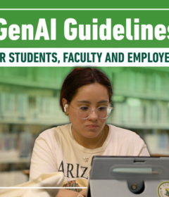 A woman sits at a computer in a graphic that says GenAI guidelines