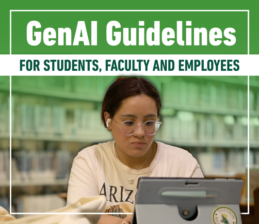 A woman sits at a computer in a graphic that says GenAI guidelines