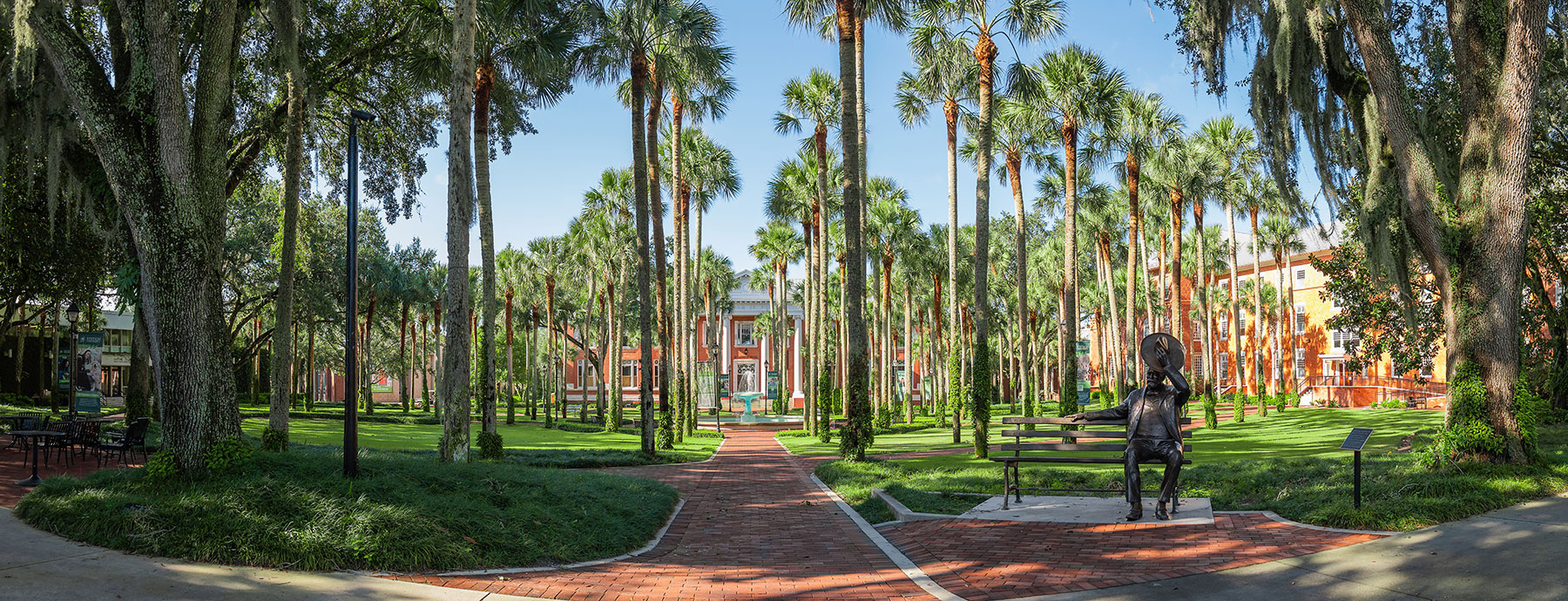 Exterior photo of a manicured college campus