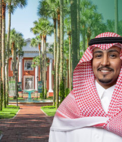A photo of a Saudi man with a shemagh and a pretty campus scene with palm trees
