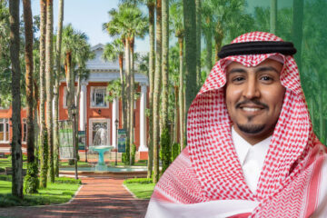 A photo of a Saudi man with a shemagh and a pretty campus scene with palm trees