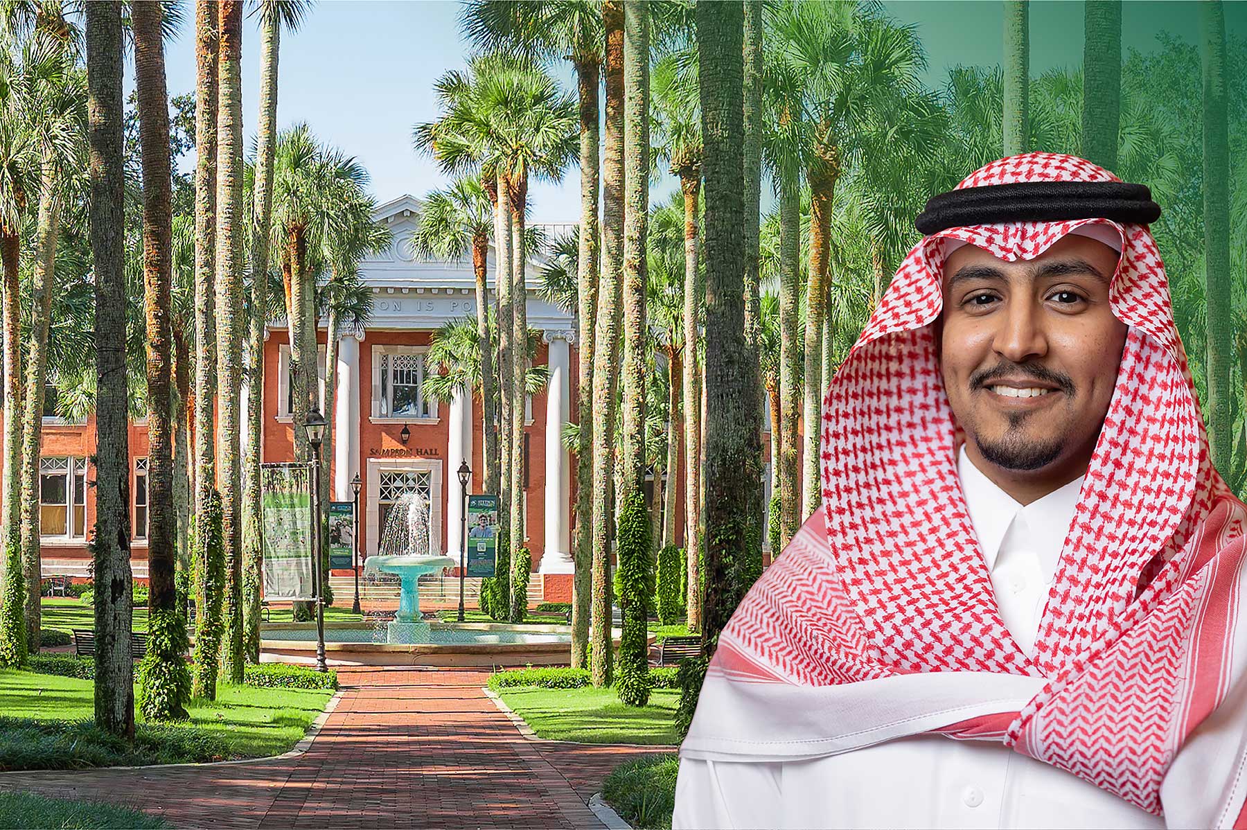 A photo of a Saudi man with a shemagh and a pretty campus scene with palm trees.