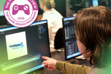 A student points at a computer screen with a graphic imposed that says Top Game Design School 2026