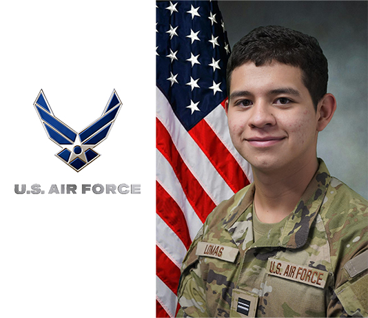 Portrait of a young man in military fatigues with a flag behind him and U.S, Air Force logo beside him.