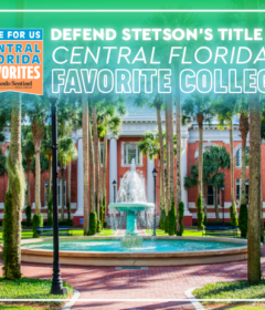 A fountain sits in a palm courtyard with text: Vote for Stetson as Central Florida's Favorite College