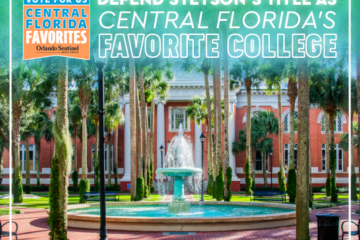 A fountain sits in a palm courtyard with text: Vote for Stetson as Central Florida's Favorite College