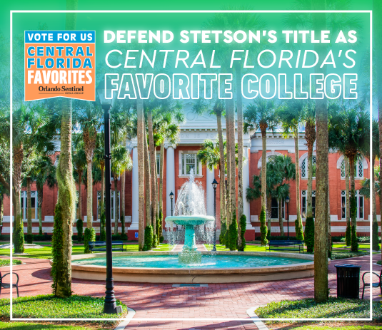 A fountain sits in a palm courtyard with text: Vote for Stetson as Central Florida's Favorite College