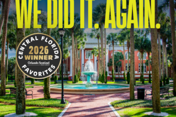 A fountain in a pretty campus scene with the text, We Did It. Again.