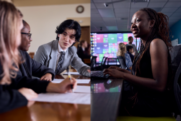 Montage of two photos of college students in academic settings