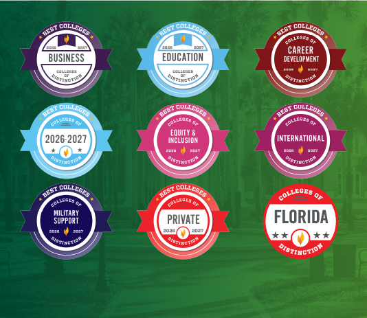 A graphic displays nine award badges for college achievementss