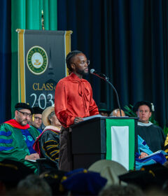 Junior Nyong'o at the podium during Stetson's Convocation 2026