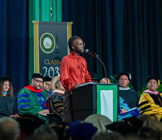 Junior Nyong'o at the podium during Stetson's Convocation 2026