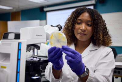 A student works in a science lab