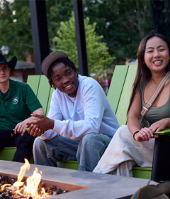 Students gather around the fire pit at Lynn Hall.