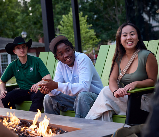 Students gather around the fire pit at Lynn Hall.