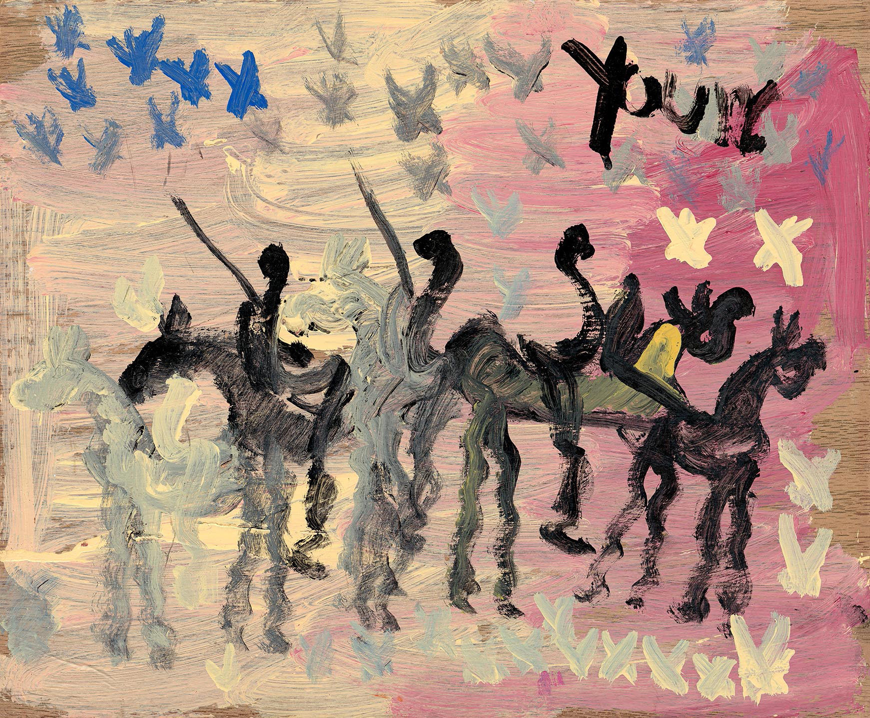 Painting depicting horse-riding men and butterflies